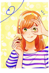 Rule 34 | 1girl, blush, brown hair, doughnut, eating, food, food on face, green eyes, hand up, headband, highres, letterboxed, licking lips, original, shirt, short sleeves, striped clothes, striped shirt, tongue, tongue out, ueno haruki, upper body, yellow background, yellow headband