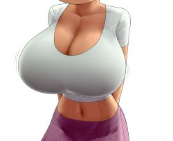 Rule 34 | 1girl, alternate breast size, amphibia, anne boonchuy, arms behind back, breast focus, breasts, cleavage, dark-skinned female, dark skin, head out of frame, highres, huge breasts, keramagath, midriff, motion lines, navel, pleated skirt, purple skirt, shirt, short hair, simple background, skirt, solo, t-shirt, tight clothes, tight shirt