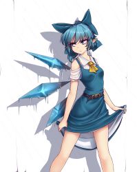 Rule 34 | &gt;:(, 1girl, adapted costume, ascot, bare shoulders, belt, blue bow, blue dress, blue eyes, blue hair, bow, breasts, cirno, clothing cutout, collarbone, commentary, dress, english commentary, feet out of frame, hair bow, hater (hatater), highres, ice, ice wings, looking to the side, medium breasts, pinafore dress, pointy ears, shadow, shirt, short hair, short sleeves, shoulder cutout, skirt hold, sleeveless dress, solo, standing, thighs, touhou, v-shaped eyebrows, wet, white shirt, wings, yellow ascot