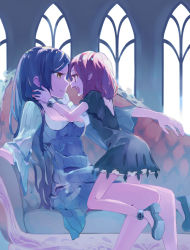 Rule 34 | 2girls, age difference, bare legs, breasts, chair, child, eye contact, fang, flat chest, from side, indoors, kneeling, looking at another, medium breasts, multiple girls, onee-loli, open mouth, original, pointy ears, sitting, size difference, sou (tuhut), straddling, vampire, window, yuri