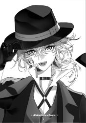 Rule 34 | 1boy, black jacket, bungou stray dogs, character name, choker, collared shirt, greyscale, hat, jacket, long hair, long sleeves, looking at viewer, low ponytail, male focus, mizumoe, monochrome, nakahara chuuya (bungou stray dogs), open mouth, shirt, smile, solo, vest, white background