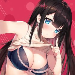Rule 34 | 1girl, armpits, ayamy, bare shoulders, black bra, black hair, blue eyes, bra, breasts, cleavage, clothes lift, commentary request, hair ornament, heart, index finger raised, large breasts, lifting own clothes, long hair, looking at viewer, miyawaki sana, original, outstretched arm, parted lips, red background, ribbed sweater, selfie, sidelocks, solo, sweater, sweater lift, sweater vest, underwear, upper body, x hair ornament