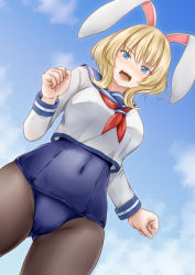 Rule 34 | 1girl, alternate costume, animal ears, ass, blonde hair, blouse, blue eyes, blue sailor collar, blue sky, blue one-piece swimsuit, braid, breasts, cloud, cloudy sky, colorado (kancolle), covered navel, day, fake animal ears, from below, highres, kantai collection, koru pera, large breasts, long sleeves, looking down, neckerchief, old school swimsuit, one-piece swimsuit, outdoors, pantyhose, pantyhose under swimsuit, rabbit ears, sailor collar, school swimsuit, school uniform, serafuku, shirt, short hair, side braids, sky, solo, standing, swimsuit, swimsuit under clothes