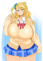 Rule 34 | 10s, 1girl, absurdres, blonde hair, blue eyes, breasts, female focus, galko, hair ornament, highres, huge breasts, long hair, looking at viewer, miniskirt, morisoba (silent hill), oshiete! galko-chan, plaid, plaid skirt, plump, ribbon, school uniform, side ponytail, skirt, solo, standing, sweater, thick thighs, thighs, uniform, wavy hair