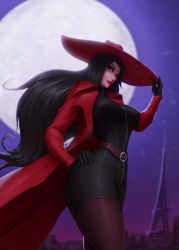 Rule 34 | 1girl, barretxiii, belt, black bodysuit, black gloves, black hair, blue eyes, bodysuit, bodysuit under clothes, boots, breasts, brown footwear, carmen sandiego, carmen sandiego (series), coat, covered erect nipples, eyeshadow, fedora, full-length zipper, full moon, gloves, hand on own hip, hat, hat tug, highres, large breasts, leather, leather boots, lips, lipstick, long coat, long hair, makeup, moon, night, open clothes, open coat, red coat, skin tight, sleeveless, solo, thick thighs, thigh boots, thighhighs, thighs, trench coat, turtleneck, very long hair, zipper, zipper pull tab