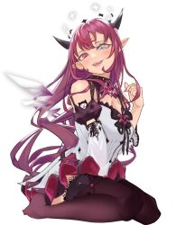 Rule 34 | 1girl, aiharararara, between legs, black bow, blue eyes, bow, breasts, cleavage, detached sleeves, double halo, dress, earrings, fangs, flower, full body, halo, hand between legs, hand up, head tilt, heterochromia, hololive, hololive english, horns, irys (irys 2.0) (hololive), irys (hololive), jewelry, kneeling, long hair, looking at viewer, medium breasts, multicolored hair, no shoes, open mouth, pink hair, pointy ears, purple eyes, purple flower, purple hair, purple thighhighs, solo, star halo, streaked hair, teeth, thighhighs, transparent background, upper teeth only, virtual youtuber, white dress