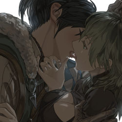 Rule 34 | 1boy, 1girl, black hair, breasts, brown gloves, byleth (female) (fire emblem), byleth (fire emblem), cleavage, cleavage cutout, closed eyes, clothing cutout, felix hugo fraldarius, fire emblem, fire emblem: three houses, french kiss, fur trim, gloves, green eyes, green hair, half-closed eyes, harusame (rueken), hetero, kiss, long hair, medium breasts, nintendo, open mouth, short ponytail, tongue, tongue out, upper body