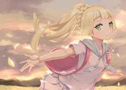 Rule 34 | 1girl, absurdres, aka (440626), backpack, bag, blonde hair, blue sailor collar, braid, closed mouth, collared shirt, creatures (company), floating hair, game freak, green eyes, highres, lillie (pokemon), long hair, looking at viewer, miniskirt, nintendo, outdoors, outstretched arm, pleated skirt, pokemon, pokemon sm, sailor collar, sailor shirt, shirt, short sleeves, skirt, smile, solo, white shirt, white skirt