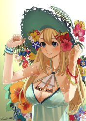 Rule 34 | 10s, 1girl, alternate costume, arms up, atago (kancolle), bare shoulders, blonde hair, blue dress, breasts, cleavage, collarbone, dress, flower, flower on head, flower request, hair flower, hair ornament, hat, hibiscus, huge breasts, kantai collection, lily (flower), long hair, looking away, ruisento, solo, straw hat, white background, wrist cuffs