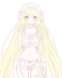 1girl :&lt; blonde_hair blush chii chobits choker closed_mouth collarbone cowboy_shot expressionless frilled_choker frilled_hairband frills hairband highres lolita_hairband long_hair mipi_(u3u_00) navel panties pink_ribbon ribbon robot_ears see-through_clothes sidelocks sketch solo standing underwear very_long_hair white_background white_panties