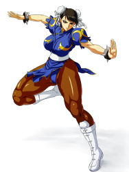 Rule 34 | 1girl, boots, bracelet, breasts, brown eyes, brown hair, bun cover, capcom, china dress, chinese clothes, chun-li, dress, eyeshadow, fighting stance, hair bun, huracan, jewelry, knees, large breasts, legs, makeup, muscular, pantyhose, side slit, single hair bun, solo, spiked bracelet, spikes, street fighter, thick thighs, thighs