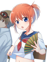 Rule 34 | 1boy, 1girl, blue eyes, blue sailor collar, chair, clothes lift, collarbone, collared shirt, gintama, hair between eyes, hand fan, highres, holding, holding fan, kagura (gintama), lifted by self, looking at viewer, midriff, navel, neckerchief, okita sougo, one side up, open mouth, orange hair, piatin, red neckerchief, sailor collar, sailor shirt, school chair, school uniform, serafuku, shirt, shirt lift, short hair, short sleeves, simple background, solo focus, stomach, white background, white shirt