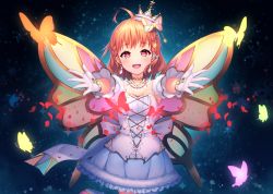 Rule 34 | 1girl, :d, ahoge, back bow, bad id, bad pixiv id, bow, braid, bug, butterfly, butterfly wings, commentary request, crown, dark background, detached sleeves, earrings, frilled skirt, frills, fur-trimmed skirt, fur-trimmed sleeves, fur trim, gloves, hair bow, insect, insect wings, jewelry, kyouou ena, looking at viewer, love live!, love live! school idol festival, love live! sunshine!!, necklace, open mouth, orange hair, outstretched arms, petals, red eyes, short hair, side braids, skirt, smile, solo, sparkle, takami chika, white gloves, wings
