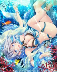 Rule 34 | 1girl, angel wings, anklet, bare shoulders, blue eyes, blush, bracelet, breasts, bubble, cleavage, company name, falkyrie no monshou, fish, jewelry, large breasts, looking at viewer, natsumekinoko, navel, open mouth, short hair, silver hair, solo, underwater, wings
