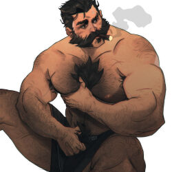 Rule 34 | 1boy, abs, bara, beard, black hair, black male underwear, boxer briefs, chris sdd, cigar, facial hair, grabbing, graves (league of legends), hairy, highres, large pectorals, league of legends, looking to the side, male focus, male pubic hair, male underwear, mature male, muscular, muscular male, nipples, pectoral grab, pectorals, pubic hair, short hair, simple background, smoking, solo, thick thighs, thighs, underwear, white background