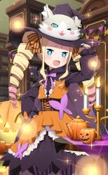 Rule 34 | 1girl, adjusting clothes, adjusting headwear, beatrice (re:zero), blonde hair, blue eyes, bow, bowtie, bug, butterfly, butterfly-shaped pupils, dress, drill hair, frilled sleeves, frills, gradient hair, hair bow, halloween costume, hat, highres, insect, jack-o&#039;-lantern, library, long hair, long sleeves, looking at viewer, multicolored hair, official art, open mouth, orange bow, orange dress, pantyhose, pink hair, puck (re:zero), purple bow, purple bowtie, re:zero kara hajimeru isekai seikatsu, smile, striped clothes, striped legwear, striped pantyhose, symbol-shaped pupils, twin drills, vertical-striped clothes, vertical-striped pantyhose, witch hat