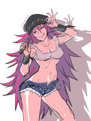 Rule 34 | :q, blue eyes, breasts, cleavage, denim, denim shorts, final fight, hat, long hair, midriff, navel, peaked cap, pink hair, poison (final fight), short shorts, shorts, street fighter, tongue, tongue out, very long hair
