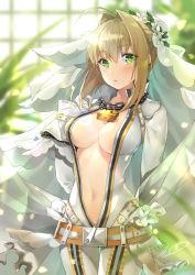 Rule 34 | 10s, 1girl, belt, belt buckle, blonde hair, blurry, blurry background, blurry foreground, blush, bodysuit, breasts, brown belt, buckle, center opening, chain, cleavage, commentary request, day, depth of field, fate/extra, fate/extra ccc, fate (series), flower, full-length zipper, gloves, green eyes, hair between eyes, hair bun, hair intakes, kagachi saku, lock, long sleeves, medium breasts, navel, nero claudius (bride) (fate), nero claudius (fate), nero claudius (fate) (all), padlock, parted lips, see-through, sidelocks, signature, single hair bun, solo, sunlight, unzipped, veil, white bodysuit, white flower, white gloves, window, zipper