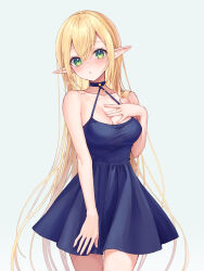 Rule 34 | 1girl, blonde hair, blue dress, breasts, choker, cleavage, dress, elf, green eyes, grey background, hand on own chest, highres, long hair, looking at viewer, medium breasts, original, pointy ears, rimo, simple background, sleeveless, sleeveless dress, solo, very long hair