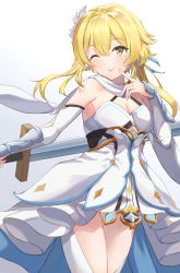 Rule 34 | 1girl, absurdres, blonde hair, breasts, cleavage, cowboy shot, detached sleeves, dress, finger to cheek, flower, genshin impact, hair between eyes, hair flower, hair ornament, hand up, highres, holding, holding sword, holding weapon, kake udon, looking at viewer, lumine (genshin impact), one eye closed, scarf, short hair with long locks, solo, sword, tongue, tongue out, weapon, white background, white dress, white flower, white legwear, white scarf, wrist guards, yellow eyes