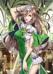 Rule 34 | 1girl, arch, arm behind head, arm up, armor, bare arms, blue eyes, breasts, brown hair, capelet, chain, church, clothing cutout, covered navel, cowboy shot, cross, cross necklace, dress, eyelashes, flower, gorget, green dress, hair between eyes, hair flower, hair ornament, highres, indoors, jewelry, lace, lace-trimmed dress, lace-trimmed skirt, lace trim, large breasts, layered skirt, lens flare, light particles, long hair, looking at viewer, miniskirt, necklace, original, parted lips, pelvic curtain, pillar, qi kou, ring, side cutout, skin tight, skirt, solo, tabard, teeth, veil, white flower, white skirt
