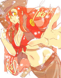 Rule 34 | 1girl, belt, breasts, cosplay, cowboy hat, cowboy western, emily hu, foreshortening, gun, hat, khakis, large breasts, lips, looking at viewer, navel, open clothes, open shirt, parody, red hair, red sniper (tf2), rifle, shirt, signature, sketch, sniper (tf2), sniper rifle, solo, team fortress 2, tengen toppa gurren lagann, the sniper (cosplay), vest, weapon, yoko littner