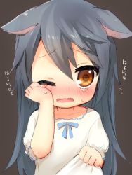 Rule 34 | 10s, 1girl, animal ears, bad id, bad pixiv id, black hair, blush, brown eyes, cat ears, crying, dress, fang, grey background, haruna (kancolle), highres, kantai collection, kemonomimi mode, long hair, looking at viewer, one eye closed, open mouth, puffy short sleeves, puffy sleeves, rubbing eyes, sawatari (sado), short sleeves, simple background, solo, tears, translation request, wavy mouth, white dress, wink, wiping tears