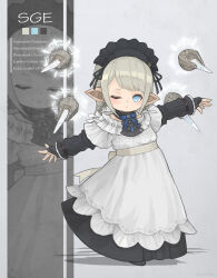 Rule 34 | 1girl, absurdres, ascot, balancing, black ascot, black dress, black headdress, blue eyes, dot mouth, dress, english text, final fantasy, final fantasy xiv, flat chest, full body, gloves, highres, lalafell, large ribbon, light blush, long bangs, looking at viewer, maid, multiple views, one eye closed, partially fingerless gloves, pointy ears, puluie, sage (final fantasy), shadow, simple background, two-tone dress, waist ribbon, warrior of light (ff14), white dress