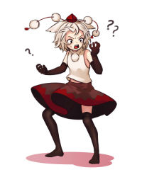 Rule 34 | 1girl, ?, animal ears, bare shoulders, black eyes, black gloves, brown skirt, commentary, elbow gloves, english commentary, full body, gloves, hand up, hat, inubashiri momiji, meme, midriff peek, no shoes, open mouth, pom pom (clothes), shadow, shirt, short hair, silver hair, simple background, skirt, sleeveless, sleeveless shirt, solo, standing, tassel, thighhighs, thighs, tokin hat, touhou, v-shaped eyebrows, white background, white shirt, wolf ears, yoruny