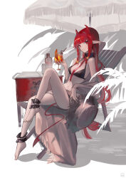 Rule 34 | 1girl, arknights, barefoot, braid, chair, cooler, cup, demon horns, drinking glass, drinking straw, full body, hemorina, highres, holding, holding cup, holding hands, horns, navel, pointy ears, red hair, sitting, solo, swimsuit, twin braids, vigna (arknights), vigna (casual vacation) (arknights), wine glass