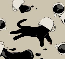 Rule 34 | animal focus, avogado6, black cat, cat, coffee, commentary request, cup, from above, full body, grey background, kitten, lying, monochrome, no humans, on side, original, simple background, solo, spill