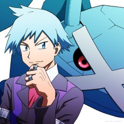 Rule 34 | 1boy, artist name, black jacket, black sclera, blue eyes, blue hair, closed mouth, colored sclera, creatures (company), game freak, gen 3 pokemon, hand on own chin, highres, jacket, jewelry, kuroki shigewo, long sleeves, male focus, metagross, necktie, nintendo, pokemon, pokemon (creature), pokemon rse, red eyes, red necktie, ring, shirt, short hair, smile, steven stone, v-shaped eyebrows, white shirt