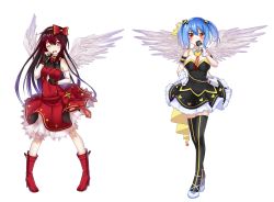 Rule 34 | 2girls, alternate costume, aoba (warship girls r), arm between breasts, armband, beads, between breasts, black dress, black gloves, black legwear, blue hair, boots, bow, bowtie, braid, breasts, buttons, cleavage, collar, cross hair ornament, detached sleeves, dress, feathered wings, fingerless gloves, full body, gloves, gradient hair, hair between eyes, hair bow, hair ornament, hairband, headphones, heart, heart-shaped pupils, heart print, high heel boots, high heels, highres, holding, holding headphones, holding microphone, idol, legs apart, legs together, long hair, looking at viewer, mary janes, microphone, multicolored hair, multiple girls, one eye closed, open mouth, outstretched hand, prinz eugen (warship girls r), red bow, red bowtie, red dress, red footwear, red hair, red ribbon, ribbon, shoes, short hair, short twintails, sleeveless, sleeveless dress, smile, sorry (4627156), standing, star (symbol), star print, strapless, strapless dress, striped clothes, striped legwear, striped thighhighs, symbol-shaped pupils, thighhighs, transparent background, treble clef, twin braids, twintails, vertical-striped clothes, vertical-striped legwear, vertical-striped thighhighs, warship girls r, white background, white footwear, white gloves, white sleeves, white wings, wings, zettai ryouiki
