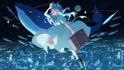 Rule 34 | 1girl, animal ears, arm up, black footwear, blue eyes, blue hair, briefcase, cat ears, cityscape, collared dress, copyright request, dress, earrings, fang, fish, holding, holding briefcase, jewelry, long hair, moon, official art, open mouth, potg (piotegu), shoes, shooting star, short sleeves, smile, solo, star (sky), virtual youtuber, white dress, wide shot