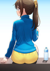 Rule 34 | 1girl, ass, blue background, blue eyes, blue jacket, blush, bottle, bow, brown hair, commentary request, deadnooodles, gradient background, hair bow, highres, jacket, long hair, long sleeves, looking away, looking to the side, love live!, love live! nijigasaki high school idol club, osaka shizuku, pantylines, parted lips, ponytail, shorts, sitting, solo, sweat, track jacket, water bottle, yellow bow, yellow shorts