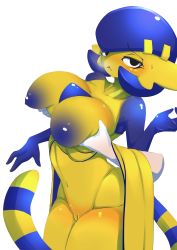 Rule 34 | 1girl, :3, absurdres, animal crossing, ankha (animal crossing), ashraely, black eyes, blue hair, blue skin, blush, bob cut, grabbing another&#039;s breast, breasts, breath, cat tail, cleft of venus, collarbone, colored skin, cowboy shot, creatures (company), disembodied hand, female focus, furry, furry female, fusion, game freak, gardevoir, gen 3 pokemon, grabbing, groin, hair ornament, hair over one eye, hairclip, half-closed eyes, hand up, highres, huge breasts, large areolae, legs together, looking at viewer, multicolored skin, navel, nintendo, nipples, open mouth, pokemon, pokemon (creature), shiny skin, short hair, simple background, solo, standing, stomach, sweat, tail, thick thighs, thighs, two-tone skin, white background, wide hips, yellow skin
