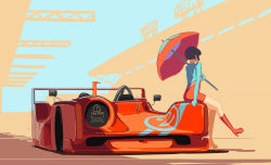 Rule 34 | 1girl, absurdres, black hair, boots, car, caution, facing away, fxx, highres, motor vehicle, on vehicle, original, outstretched leg, short hair, sitting, solo, umbrella, vehicle focus, vehicle request