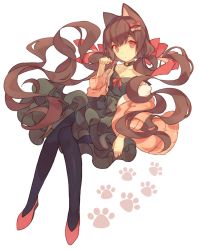 Rule 34 | 1girl, animal ears, bare shoulders, black legwear, brown hair, cardigan, cat ears, choker, dress, full body, hair ornament, hair ribbon, hairclip, highres, long hair, low twintails, original, paw pose, paw print, red eyes, red footwear, ribbon, shoes, short dress, simple background, solo, twintails, white background, yasiromann