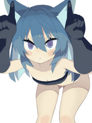 Rule 34 | 1girl, bandeau, bare shoulders, black bandeau, black gloves, blue hair, blush stickers, bottomless, breasts, cleavage, collarbone, elbow gloves, gloves, groin, hair between eyes, horns pose, long hair, navel, original, pappii (paprika shikiso), paprika shikiso, parted lips, purple eyes, simple background, small breasts, solo, standing, very long hair, white background