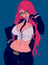 Rule 34 | 1girl, abs, between breasts, breasts, crimson viper, gloves, goggles, green eyes, highres, hohehohe, large breasts, lips, looking at viewer, midriff, mature female, navel, necktie, red hair, street fighter, sunglasses, tinted eyewear, toned, wide hips, yellow-tinted eyewear, yellow-tinted glasses