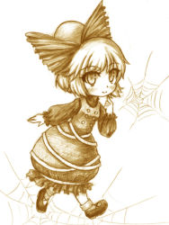 1girl blush bow bubble_skirt female_focus hair_bow kurodani_yamame monochrome ponytail silk sketch skirt solo spider_web touhou yuran_(kuen-hien)