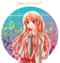 Rule 34 | 00s, 1girl, blue eyes, casual, circle, clover, clover hair ornament, copyright name, earrings, flower, food, four-leaf clover, fruit, gradient background, hair flower, hair ornament, half updo, hinonekoku, honey and clover, jewelry, leaf, long hair, necktie, orange hair, plaid, plaid background, smile, solo, strawberry, yamada ayumi