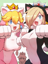 Rule 34 | ..., 3girls, :3, animal costume, animal ears, animal hands, annoyed, blonde hair, blue eyes, blush, body fur, border, breasts, cat costume, cat ears, cat peach, cat rosalina, cat tail, closed mouth, crown, earrings, eyelashes, fake animal ears, fang, glaring, gloves, green border, hair between eyes, hands up, highres, jewelry, jitome, kurachi mizuki, large breasts, looking at viewer, mario (series), multiple girls, nintendo, one eye closed, open mouth, paw gloves, paw pose, platinum blonde hair, princess daisy, princess peach, rosalina, smile, speech bubble, spoken ellipsis, star (symbol), star earrings, super mario 3d world, super mario land, tail, v-shaped eyebrows, white background, white gloves
