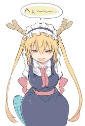 Rule 34 | 1girl, blonde hair, blue dress, blush, breasts, commentary request, cool-kyou shinja, dragon girl, dragon horns, dragon tail, dress, highres, horns, kobayashi-san chi no maidragon, large breasts, leaning forward, maid headdress, necktie, open mouth, pinafore dress, puffy short sleeves, puffy sleeves, red eyes, red necktie, shirt, short sleeves, simple background, sketch, sleeveless, sleeveless dress, solo, tail, tohru (maidragon), twintails, white background, white shirt