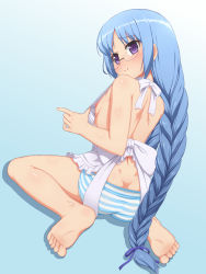 Rule 34 | 10s, 1girl, apron, ass, barefoot, blue background, blue hair, blush, braid, breasts, butt crack, dimples of venus, feet, glasses, highres, long hair, looking back, nagatsuka saki, nearly naked apron, nipples, panties, purple eyes, rou-kyuu-bu!, sitting, small breasts, smile, soles, solo, striped clothes, striped panties, tachimi (basue), toes, underwear, very long hair, wariza