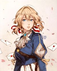 Rule 34 | 10s, 1girl, blonde hair, blue eyes, blue jacket, braid, brooch, clivenzu, commentary, envelope, hair between eyes, hair intakes, hair ribbon, highres, jacket, jewelry, looking at viewer, red ribbon, ribbon, solo, violet evergarden, violet evergarden (series), white neckwear