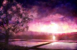 Rule 34 | akyuun, commentary, crystal, highres, landscape, no humans, purple sky, reflection, rice paddy, scenery, sky, touhou, tree