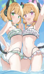 Rule 34 | 2girls, :d, animal ear headphones, animal ears, arm up, armpits, bad id, bad pixiv id, bikini, blonde hair, blue archive, blue sky, blush, bow, cat ear headphones, cat tail, closed mouth, cloud, collarbone, day, fake animal ears, green bow, groin, hair bow, halo, headphones, highres, holding hands, interlocked fingers, looking at viewer, midori (blue archive), momoi (blue archive), multiple girls, navel, nitoron, ocean, open mouth, outdoors, pink bow, resolution mismatch, short hair, siblings, sisters, sky, smile, source larger, stomach, swimsuit, tail, water