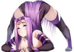 Rule 34 | 1girl, absurdres, arm rest, ass, bare shoulders, black dress, black thighhighs, blush, breasts, cleavage, collar, detached sleeves, dress, facial mark, fate/stay night, fate (series), female focus, flexible, forehead, forehead mark, hands on ground, highres, jack-o&#039; challenge, large breasts, len (hand linke), long hair, looking at viewer, matching hair/eyes, medusa (fate), medusa (rider) (fate), meme, open mouth, parted bangs, purple eyes, purple hair, short dress, sidelocks, solo, spread legs, stretching, thighhighs, top-down bottom-up, very long hair, wide spread legs