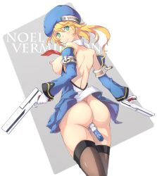 Rule 34 | 1girl, alternate breast size, anal, anal beads, anal object insertion, arc system works, ass, bare back, bare shoulders, beret, blazblue, blonde hair, blush, bolverk, breasts, breasts out, character name, detached sleeves, dress, dual wielding, gloves, green eyes, gun, handgun, hat, holding, larasuke, large breasts, looking at viewer, looking back, md5 mismatch, medium breasts, necktie, nipples, no bra, no panties, noel vermillion, object insertion, pussy juice, sex toy, short dress, short hair, solo, tears, thighhighs, third-party edit, vibrator, weapon, white gloves